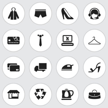 16 düzenlenebilir alışveriş simgeler kümesi. Reticule, askı, kredi kartı ve daha fazlası gibi simgeler içerir. Web, mobil, UI ve Infographic tasarımı için kullanılabilir.
