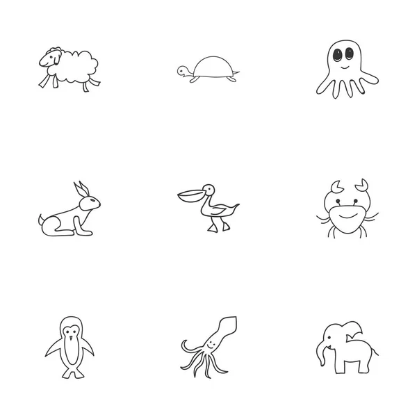 Set Of 9 Editable Zoo Doodles. Includes Symbols Such As Cancer, Pelican, Rabbit And More. Can Be Used For Web, Mobile, UI And Infographic Design. — Stock Vector