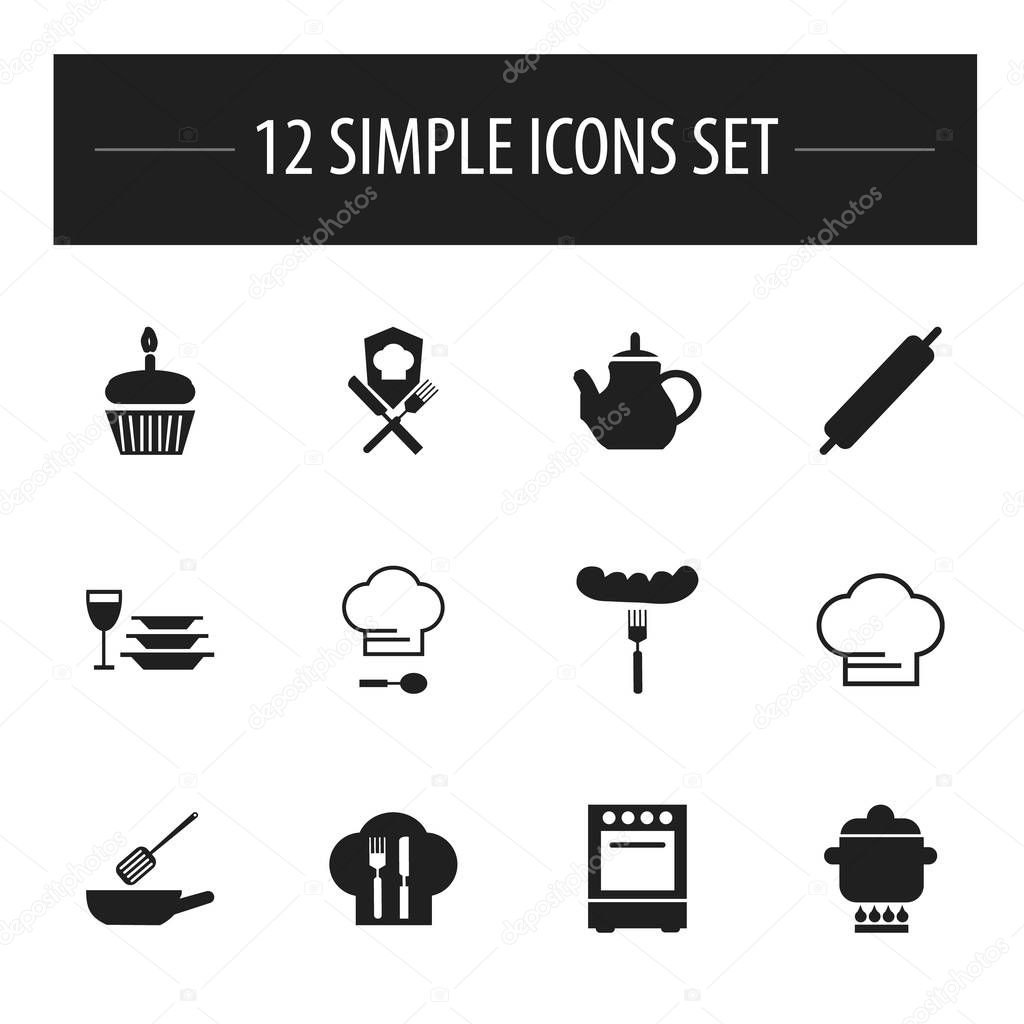 Set Of 12 Editable Cooking Icons. Includes Symbols Such As Frying Pan, Oven, Plates With Glass And More. Can Be Used For Web, Mobile, UI And Infographic Design.