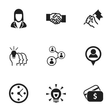 9 düzenlenebilir iş simgeler kümesi. Ampul, saat, ödeme ve daha fazla gibi simgeler içerir. Web, mobil, UI ve Infographic tasarımı için kullanılabilir.