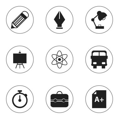 9 düzenlenebilir eğitim simgeler kümesi. Taşıma aracı, ressamlar Stand, silgi gibi simgeler içerir. Web, mobil, UI ve Infographic tasarımı için kullanılabilir.