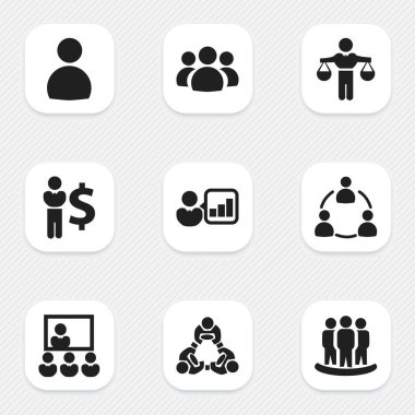 9 düzenlenebilir iş simgeler kümesi. Tanıtım, komut, grup gibi simgeler içerir. Web, mobil, UI ve Infographic tasarımı için kullanılabilir.