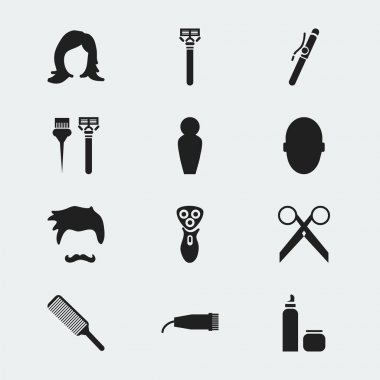 12 düzenlenebilir berber simgeler kümesi. Jilet, makas, anız ve daha fazlası gibi simgeler içerir. Web, mobil, UI ve Infographic tasarımı için kullanılabilir.