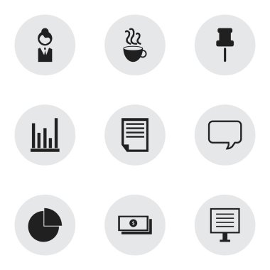 9 düzenlenebilir Bürosu simgeler kümesi. Dolar, raptiye, iş kadını ve daha fazla gibi simgeler içerir. Web, mobil, UI ve Infographic tasarımı için kullanılabilir.