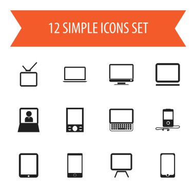12 düzenlenebilir enstrüman simgeler kümesi. Bilgisayar, telefon, Tablet telefon ve daha fazlası gibi simgeler içerir. Web, mobil, UI ve Infographic tasarımı için kullanılabilir.