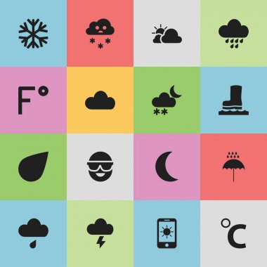 16 düzenlenebilir iklim simgeler kümesi. Güneş gibi simgeler görüntüleme, damla, Fahrenheit ve daha fazlasını içerir. Web, mobil, UI ve Infographic tasarımı için kullanılabilir.