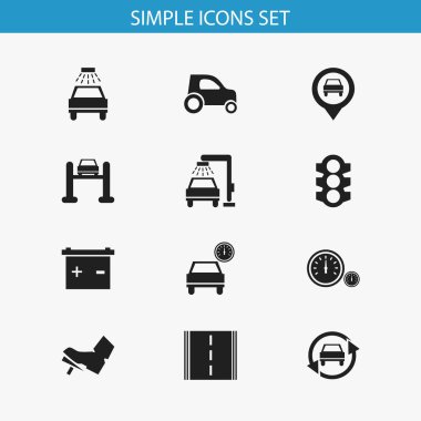 12 düzenlenebilir araç simgeler kümesi. Taşıma temiz gibi trafik ışığı, hız ve diğer simgeler içerir. Web, mobil, UI ve Infographic tasarımı için kullanılabilir.