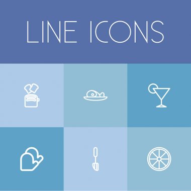 6 düzenlenebilir Cook anahat simgeleri ayarlayın. Tost, Spatula, gibi simgeler fırın eldiveni ve daha fazlasını içerir. Web, mobil, UI ve Infographic tasarımı için kullanılabilir.