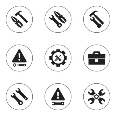 9 düzenlenebilir aracı simgeler kümesi. Enstrüman, kerpeten çekiç ve tornavida anahtarı gibi simgeler içerir. Web, mobil, UI ve Infographic tasarımı için kullanılabilir.