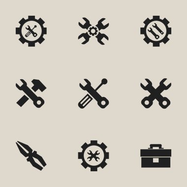 9 düzenlenebilir Toolkit simgeler kümesi. Seçenekler, ayarları, tornavida anahtarı ve daha fazlası gibi simgeler içerir. Web, mobil, UI ve Infographic tasarımı için kullanılabilir.