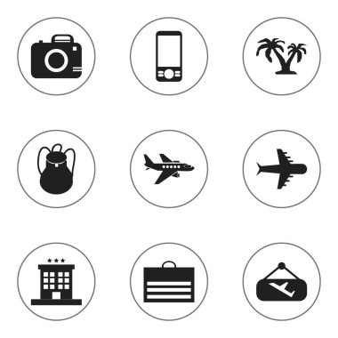 9 düzenlenebilir gezi simgeler kümesi. Luxury Inn, sırt çantası, fotoğraf Cam ve daha fazlası gibi simgeler içerir. Web, mobil, UI ve Infographic tasarımı için kullanılabilir.
