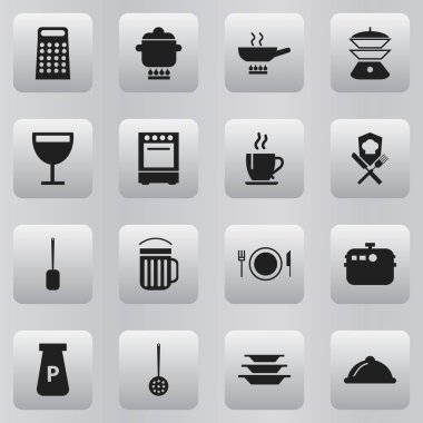 16 düzenlenebilir Restoran simgeler kümesi. Tencere, tabak, Ale ve daha fazlası gibi simgeler içerir. Web, mobil, UI ve Infographic tasarımı için kullanılabilir.