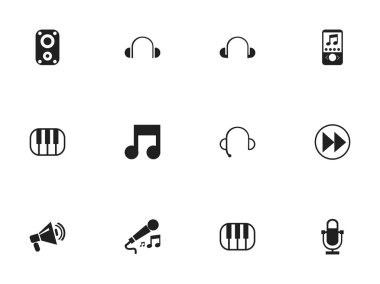 12 düzenlenebilir ses simgeler kümesi. Kulaklıklar, Karaoke ve Synthesizer gibi simgeler içerir. Web, mobil, UI ve Infographic tasarımı için kullanılabilir.