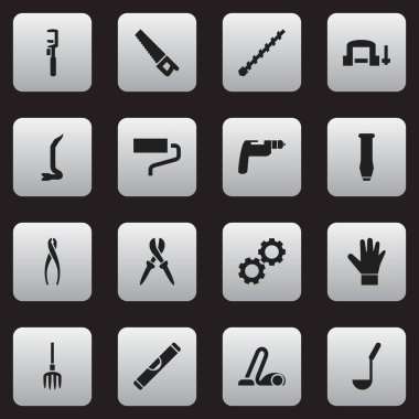 16 düzenlenebilir aparatı simgeler kümesi. Testere, saman çatal, fırça ve daha fazlası gibi simgeler içerir. Web, mobil, UI ve Infographic tasarımı için kullanılabilir.