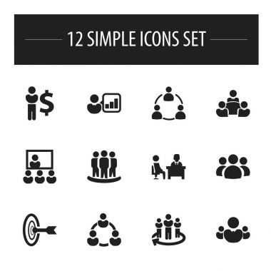 12 düzenlenebilir topluluk simgeler kümesi. Komut, Finans Müdürü, Toplantı gibi simgeler içerir. Web, mobil, UI ve Infographic tasarımı için kullanılabilir.