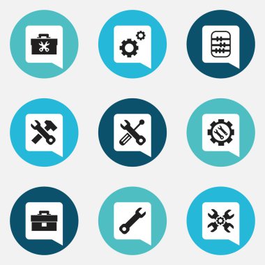 9 düzenlenebilir aracı simgeler kümesi. Ayarları, İngiliz anahtarı, portföy ve daha fazlası gibi simgeler içerir. Web, mobil, UI ve Infographic tasarımı için kullanılabilir.