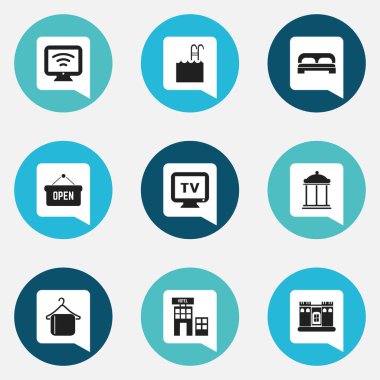 9 düzenlenebilir Plaza simgeler kümesi. Havuzu, monitör, yatak ve daha fazlası gibi simgeler içerir. Web, mobil, UI ve Infographic tasarımı için kullanılabilir.