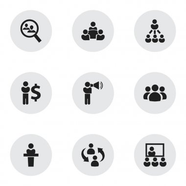 9 düzenlenebilir takım simgeler kümesi. İnsan kaynakları, hoparlör, Finans Direktörü ve daha fazlası gibi simgeler içerir. Web, mobil, UI ve Infographic tasarımı için kullanılabilir.
