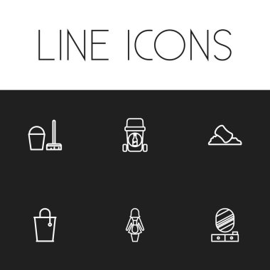 6 düzenlenebilir temizlik anahat simgeleri ayarlayın. Otel personeli, şişe geri dönüşüm, Pier cam ve daha fazlası gibi simgeler içerir. Web, mobil, UI ve Infographic tasarımı için kullanılabilir.