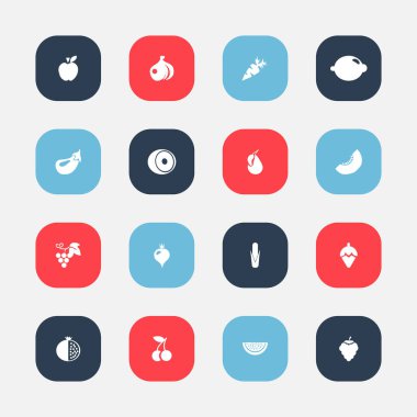 16 düzenlenebilir Berry simgeler kümesi. Garnet, şalgam, kavun dilimi ve daha fazlası gibi simgeler içerir. Web, mobil, UI ve Infographic tasarımı için kullanılabilir.