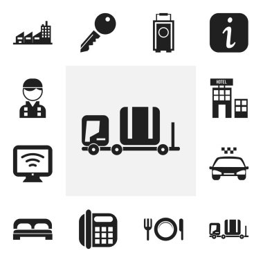12 düzenlenebilir Hotel simgeler kümesi. Simgeleri gibi bina, taşıma Araba, yatak ve daha fazlasını içerir. Web, mobil, UI ve Infographic tasarımı için kullanılabilir.