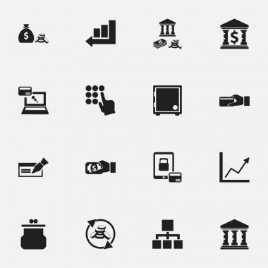 16 düzenlenebilir bankacılık simgeler kümesi. Bina, finans koruma, hiyerarşi ve daha fazlası gibi simgeler içerir. Web, mobil, UI ve Infographic tasarımı için kullanılabilir.