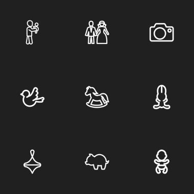 9 düzenlenebilir aile anahat simgeler kümesi. Perambulator, para Kasası, tavşan ve daha fazlası gibi simgeler içerir. Web, mobil, UI ve Infographic tasarımı için kullanılabilir.