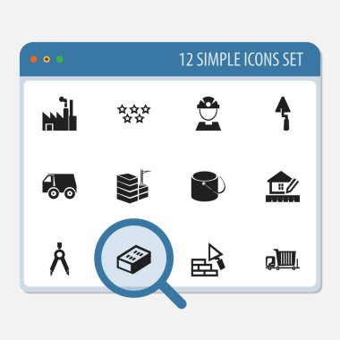 12 düzenlenebilir inşaat simgeler kümesi. Bölücü, kamyon, mala ve daha fazlası gibi simgeler içerir. Web, mobil, UI ve Infographic tasarımı için kullanılabilir.