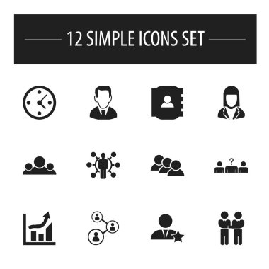 12 düzenlenebilir iş simgeler kümesi. Takım, personel, iş adamı ve daha fazlası gibi simgeler içerir. Web, mobil, UI ve Infographic tasarımı için kullanılabilir.