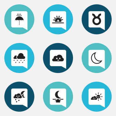 9 düzenlenebilir hava simgeler kümesi. Mutlu bulutlu, Hail, gün batımı ve daha fazlası gibi simgeler içerir. Web, mobil, UI ve Infographic tasarımı için kullanılabilir.