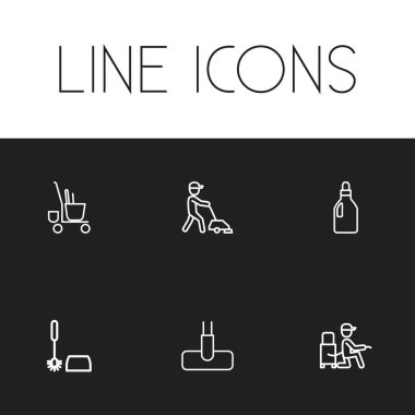 6 düzenlenebilir temizlik anahat simgeleri ayarlayın. Süpürmek, sıvı, tuvalet fırçası ve daha fazla yıkama gibi simgeler içerir. Web, mobil, UI ve Infographic tasarımı için kullanılabilir.