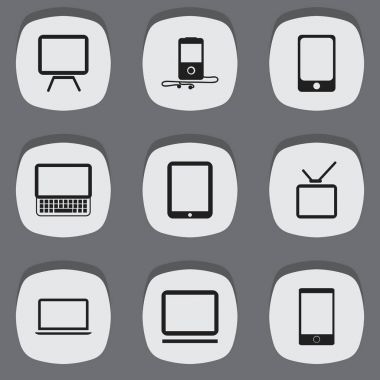 9 düzenlenebilir Gadget simgeler kümesi. Defter, Mp3 çalar, Tablet telefon ve daha fazlası gibi simgeler içerir. Web, mobil, UI ve Infographic tasarımı için kullanılabilir.