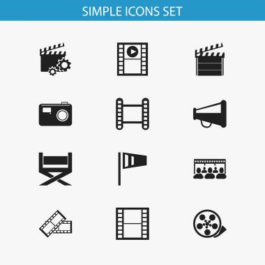 12 düzenlenebilir filme simgeler kümesi. Kaset, film şeridi, Klaket ve daha fazlası gibi simgeler içerir. Web, mobil, UI ve Infographic tasarımı için kullanılabilir.