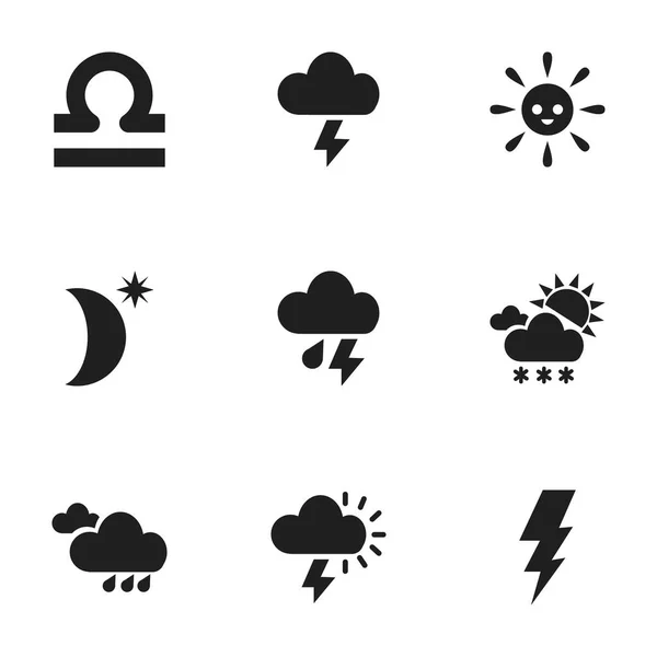 Set de 9 iconos meteorológicos editables. Incluye símbolos como tormenta, descarga eléctrica, otoño lluvioso y más. Puede ser utilizado para el diseño de la tela, móvil, interfaz de usuario e infografía . — Vector de stock