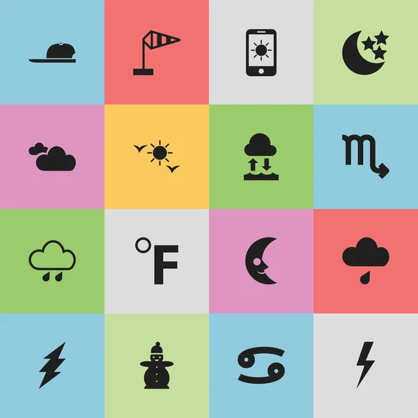 Set de 16 iconos meteorológicos editables. Incluye símbolos como la escala de temperatura, el sol en pantalla, la nube lluviosa y más. Puede ser utilizado para el diseño de la tela, móvil, interfaz de usuario e infografía . — Archivo Imágenes Vectoriales
