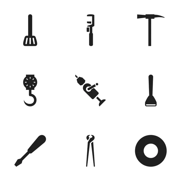 Zestaw 9 ikon można edytować aparatury. Zawiera symbole, takie jak kleszcze,-śrubą, równowagi i więcej. Mogą być używane dla sieci Web, mobilnych, interfejsu użytkownika i Infographic Design. — Wektor stockowy