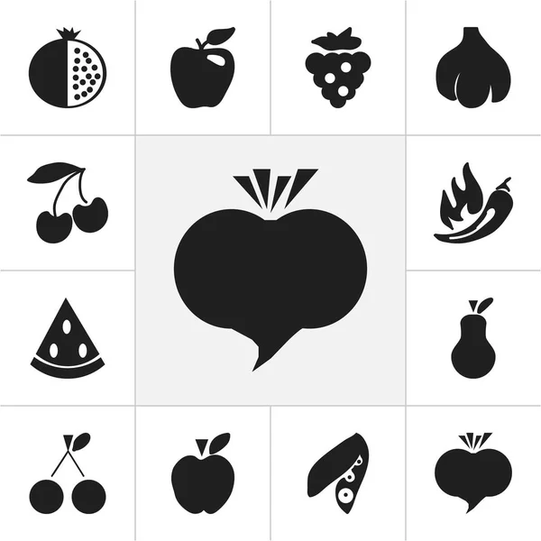 Ensemble de 12 icônes de fruits modifiables. Comprend des symboles tels que le melon de musc, Jonagold, ail et plus. Peut être utilisé pour le Web, mobile, interface utilisateur et infographie . — Image vectorielle