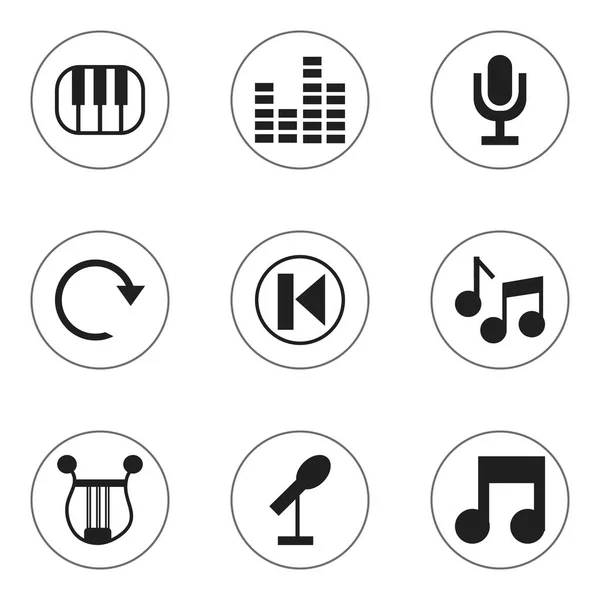 Set de 9 iconos de sonido editables. Incluye símbolos tales como refresco, símbolo musical, equipo de periodismo y más. Puede ser utilizado para el diseño de la tela, móvil, interfaz de usuario e infografía . — Archivo Imágenes Vectoriales