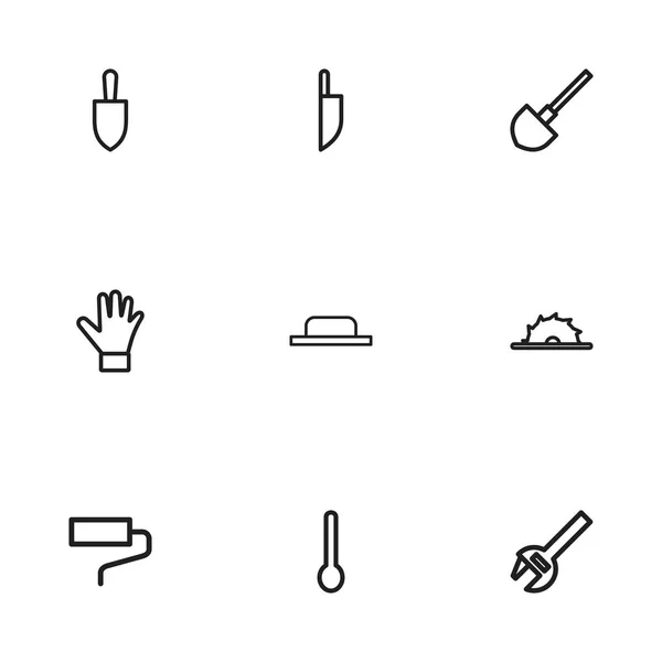 Ensemble de 9 icônes de contour d'équipement modifiable. Comprend des symboles tels que cuillère à soupe, bêche, couteau et plus. Peut être utilisé pour le Web, mobile, interface utilisateur et infographie . — Image vectorielle