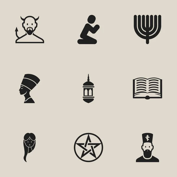 Uppsättning av 9 redigerbara Religion ikoner. Innehåller symboler som Orison, Minaret, Pentagram och mer. Kan användas för webb-, mobil-, Ui- och Infographic Design. — Stock vektor