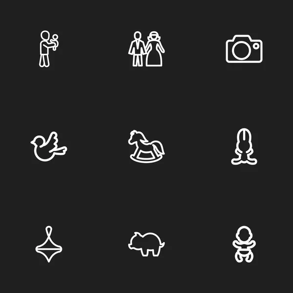 Набор из 9 табличных иконок. Includes Symbols such as Perambulator, Money Box, Bunny And More. Can be used for Web, Mobile, UI and Infographic Design . — стоковый вектор