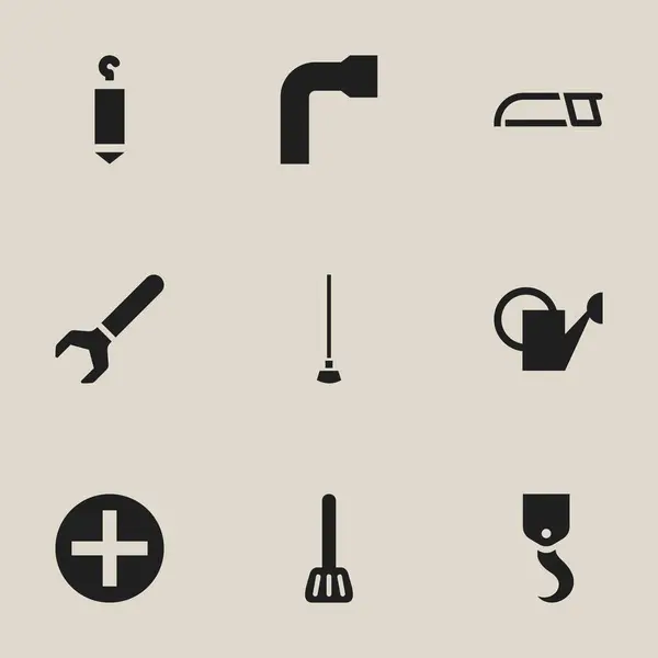 Conjunto de 9 iconos de instrumentos editables. Incluye símbolos tales como más, Bailer, llave inglesa de la rueda y más. Puede ser utilizado para el diseño de la tela, móvil, interfaz de usuario e infografía . — Archivo Imágenes Vectoriales