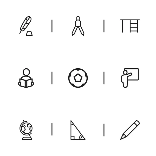 Zestaw 9 Edukacja konturu ikony. Zawiera symbole, takie jak przegrody, Trigon, piłkę i więcej. Mogą być używane dla sieci Web, mobilnych, interfejsu użytkownika i Infographic Design. — Wektor stockowy
