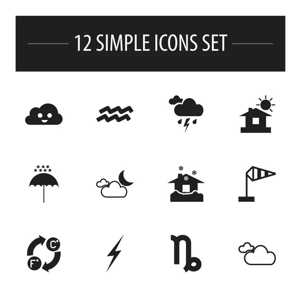 Set de 12 iconos de aire editables. Incluye símbolos como la electricidad, el nublado feliz, el cielo nublado y más. Puede ser utilizado para el diseño de la tela, móvil, interfaz de usuario e infografía . — Vector de stock