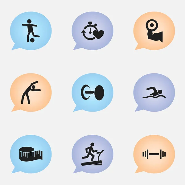 Set von 9 editierbaren Sport-Symbolen. beinhaltet Symbole wie Trainingspool, schweres Training, Lineal aus Stoff und mehr. kann für Web-, Mobil-, UI- und Infografik-Design verwendet werden. — Stockvektor