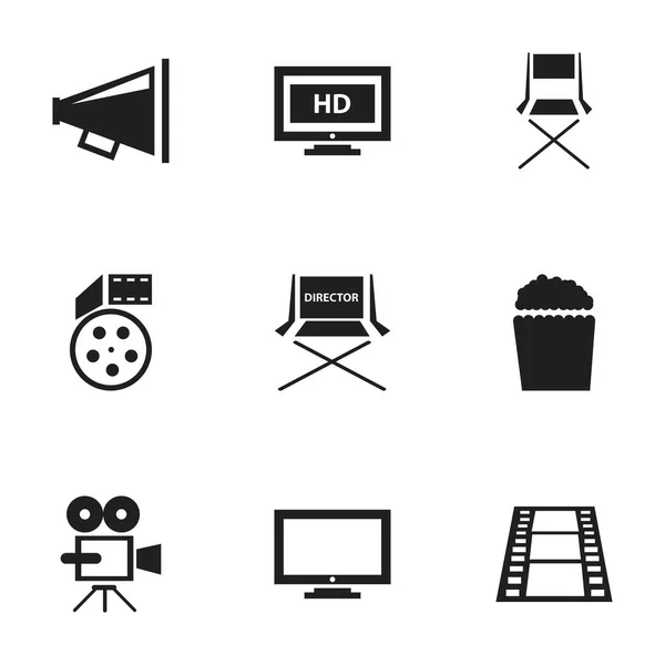 Set von 9 bearbeitbaren Kino-Symbolen. beinhaltet Symbole wie Record Cam, Haspel, HD-Bildschirm und mehr. kann für Web-, Mobil-, UI- und Infografik-Design verwendet werden. — Stockvektor