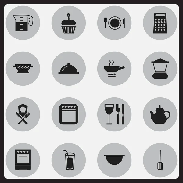 Set von 16 editierbaren Küchensymbolen. enthält Symbole wie Backofen, Kochtopf, Herd und mehr. kann für Web-, Mobil-, UI- und Infografik-Design verwendet werden. — Stockvektor