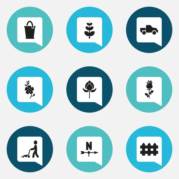 Conjunto de 9 iconos de agricultura editables. Incluye símbolos como dirección de brisa, máquina de corte de hierba, hojas y más. Puede ser utilizado para el diseño de la tela, móvil, interfaz de usuario e infografía . — Vector de stock