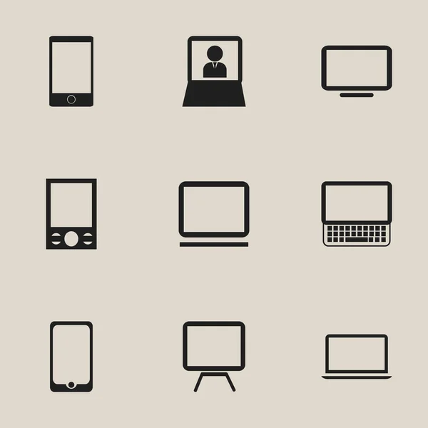 Set Of 9 Editable Gadget Icons. Includes Symbols Such As Laptop, Computer, Touchscreen And More. Can Be Used For Web, Mobile, UI And Infographic Design. — Stock Vector