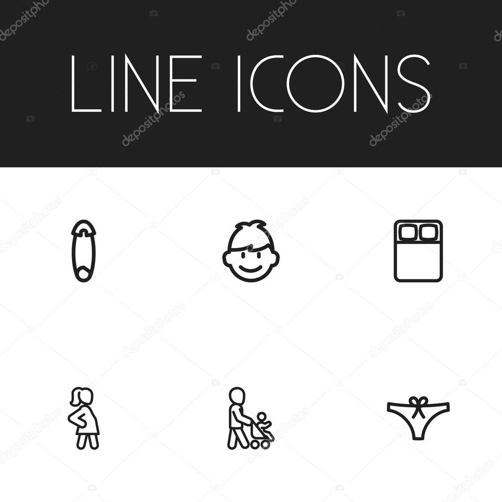 Set Of 6 Editable Relatives Outline Icons. Includes Symbols Such As Grandson, Fasten, Son. Can Be Used For Web, Mobile, UI And Infographic Design.